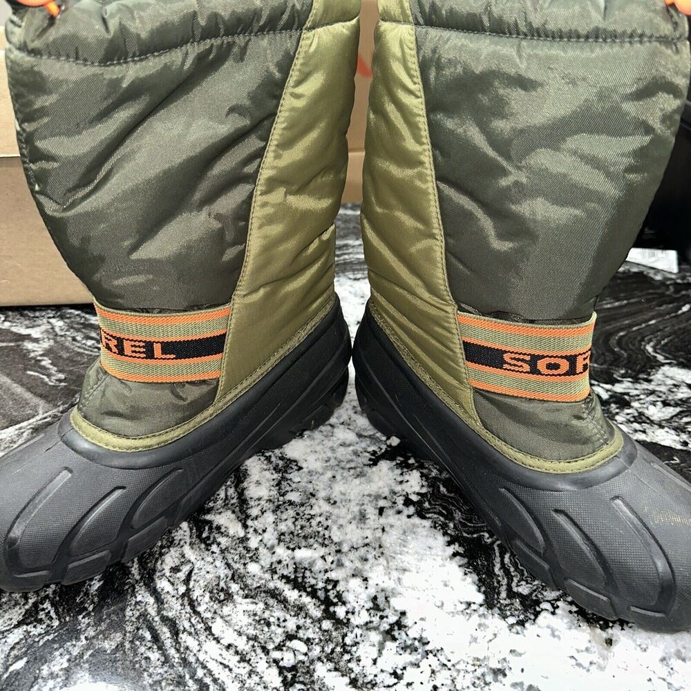 Sorel Kids Olive Green and Black Winter Boots with Orange Accents